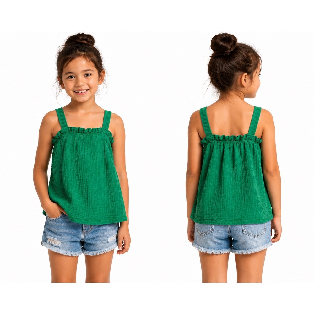 Rabbit Bear Organic Cotton Tank Top Kids 4T Green Button Front Gauze Boho Shirt